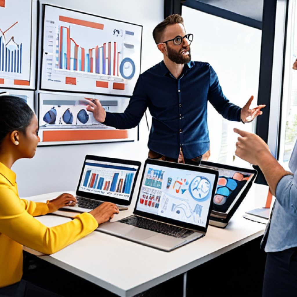 **Image Prompt:** A diverse team of advertising professionals brainstorming ideas in a modern, open-plan office. Emphasize collaboration and data analytics, showing charts and graphs alongside creative sketches and mood boards. Include laptops displaying AI-powered advertising dashboards. The overall tone should be energetic and innovative.