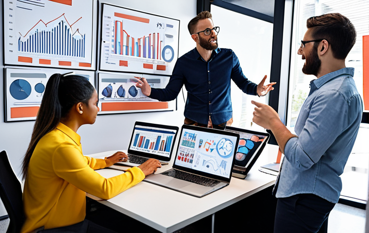 **Image Prompt:** A diverse team of advertising professionals brainstorming ideas in a modern, open-plan office. Emphasize collaboration and data analytics, showing charts and graphs alongside creative sketches and mood boards. Include laptops displaying AI-powered advertising dashboards. The overall tone should be energetic and innovative.
