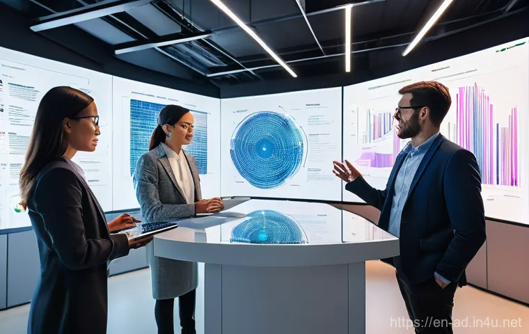 광고홍보사와 광고 효과성 데이터 분석 - **Image Prompt 1: AI-Powered Data Discovery**
    "A diverse group of five marketing professionals, ...