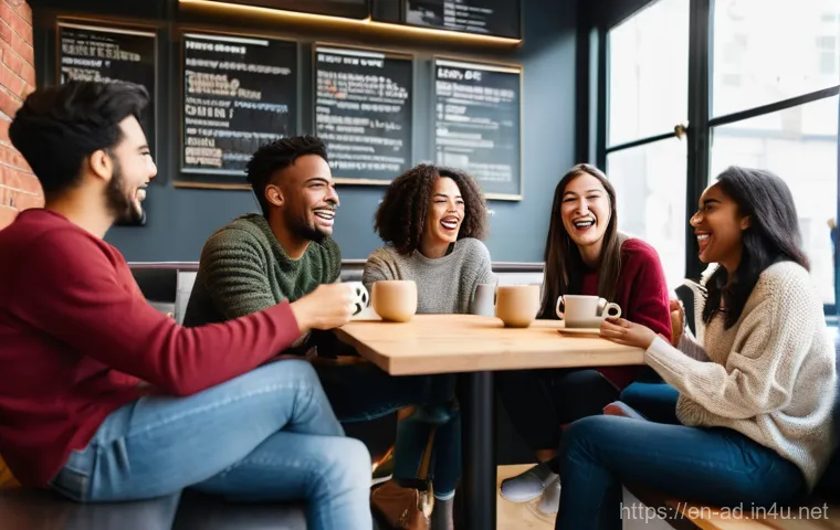 광고홍보사와 기업 광고 브랜딩 성공 사례 - **Prompt:** A diverse group of young adults (ages 20-30s) gathered in a warm, inviting coffee shop. ...
