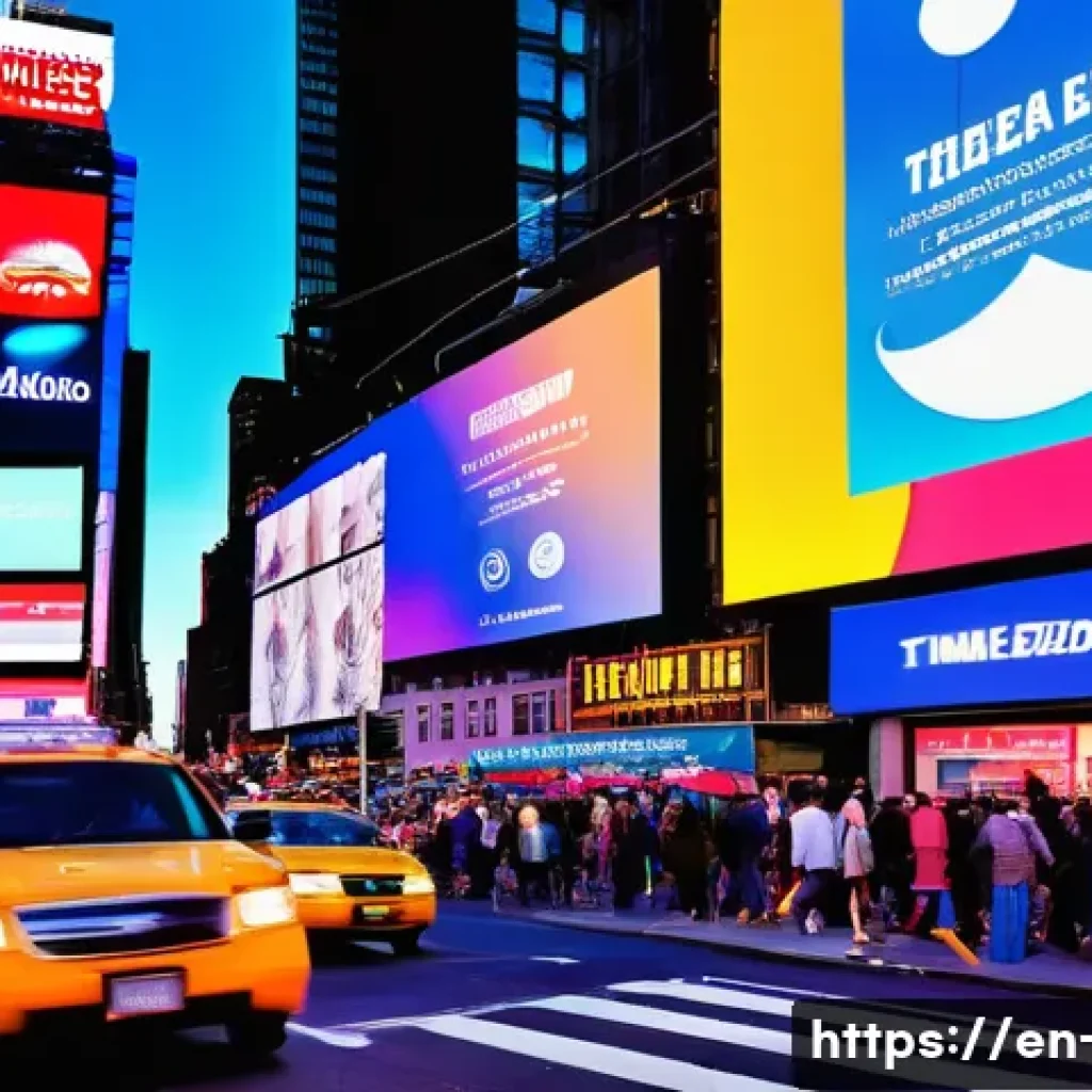 광고홍보사와 옥외광고 사례 - A bustling New York City street scene at dusk featuring a large digital billboard in Times Square di...