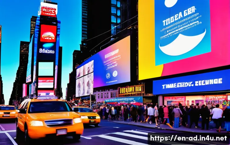 광고홍보사와 옥외광고 사례 - A bustling New York City street scene at dusk featuring a large digital billboard in Times Square di...