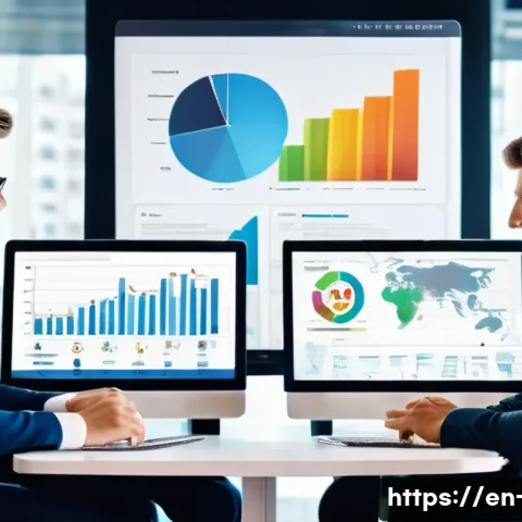 광고홍보사와 광고 리포트 작성 사례 - A modern digital marketing office environment with diverse professionals analyzing large interactive...