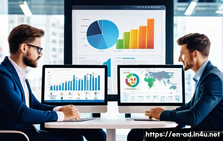 광고홍보사와 광고 리포트 작성 사례 - A modern digital marketing office environment with diverse professionals analyzing large interactive...