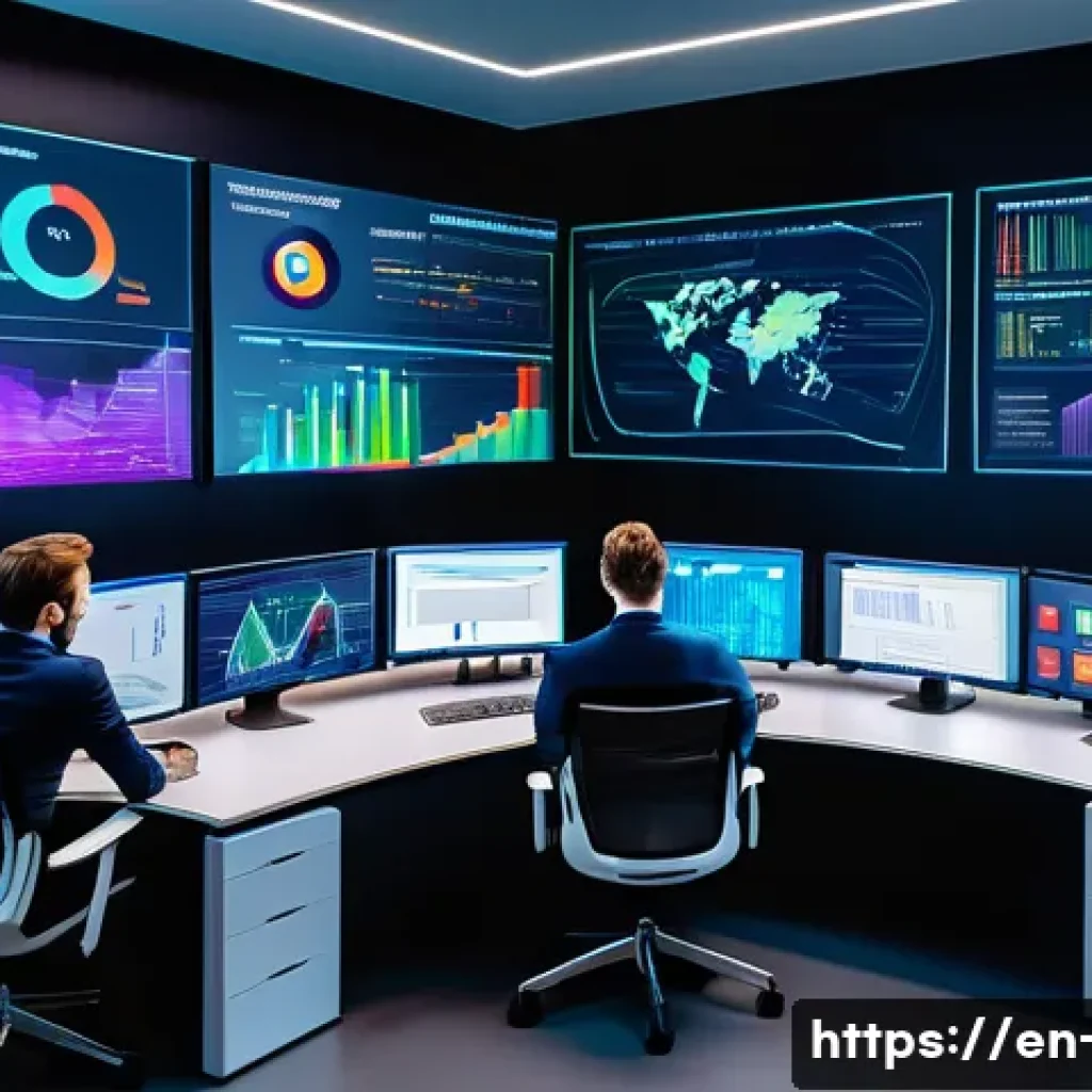 광고홍보사와 빅데이터 활용 광고 - A modern digital marketing control room with multiple large screens displaying real-time big data an...