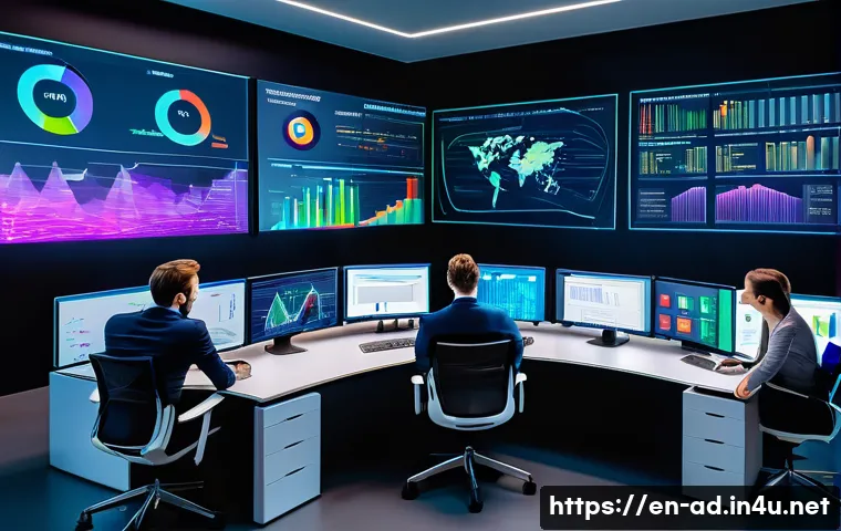 광고홍보사와 빅데이터 활용 광고 - A modern digital marketing control room with multiple large screens displaying real-time big data an...