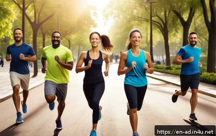 광고홍보사와 효과적인 고객 중심 광고 - A dynamic fitness app advertisement scene showing a diverse group of adults engaging in various dail...