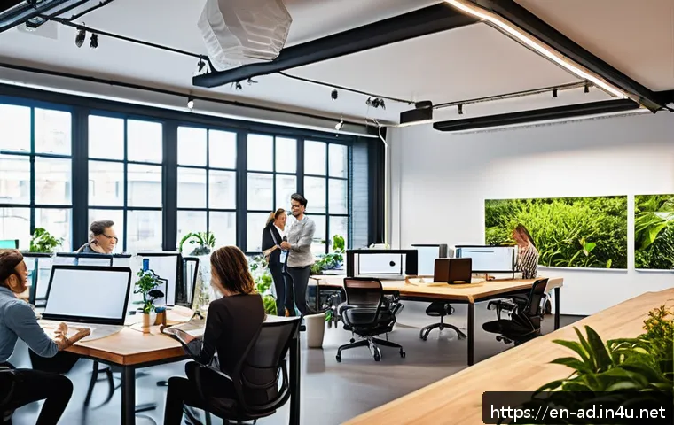 광고홍보사와 크리에이티브 협업 - A modern creative agency workspace bustling with diverse professionals collaborating energetically a...