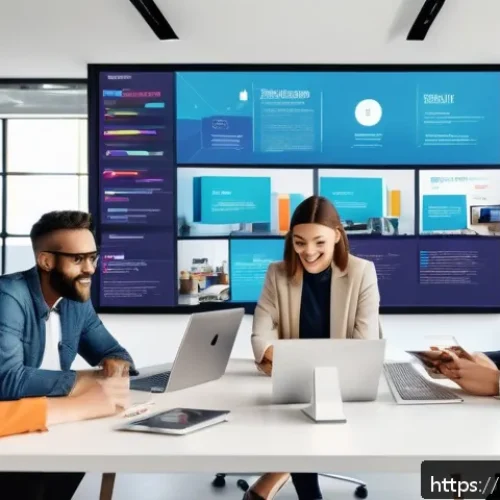광고홍보사와 디지털 광고 콘텐츠 기획 - A vibrant digital marketing workspace showing a diverse team of creative professionals collaborating...