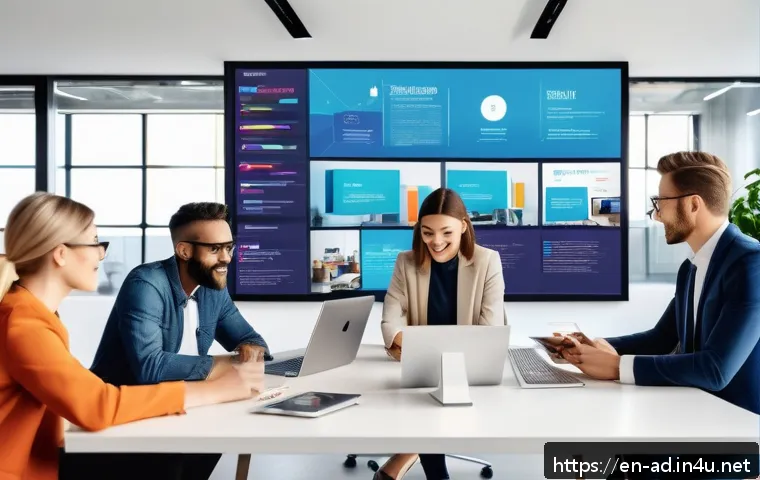 광고홍보사와 디지털 광고 콘텐츠 기획 - A vibrant digital marketing workspace showing a diverse team of creative professionals collaborating...